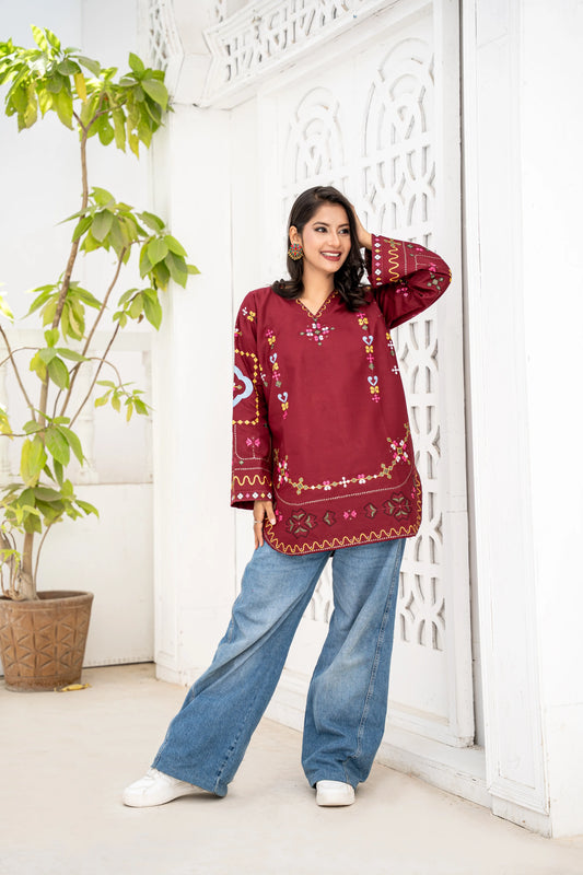 Mahroon Embroidered Short kuti | Floral Thread Work