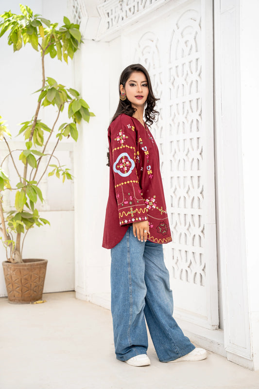 Mahroon Embroidered Short kuti | Floral Thread Work