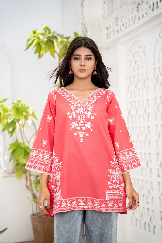 Multi Pink Embroidered Short Kurti