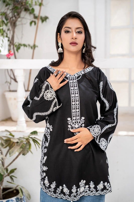 Black and White Embroidered short Kurti