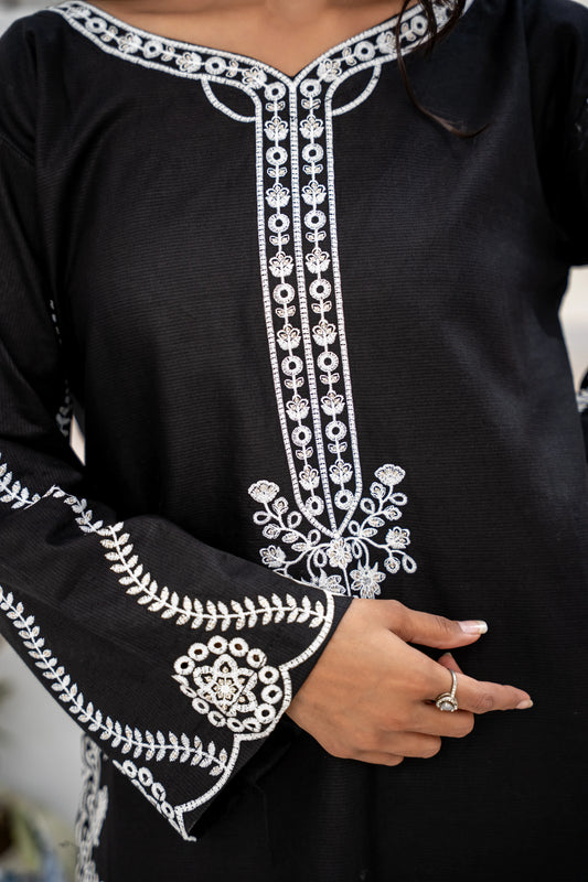 Black and White Embroidered short Kurti