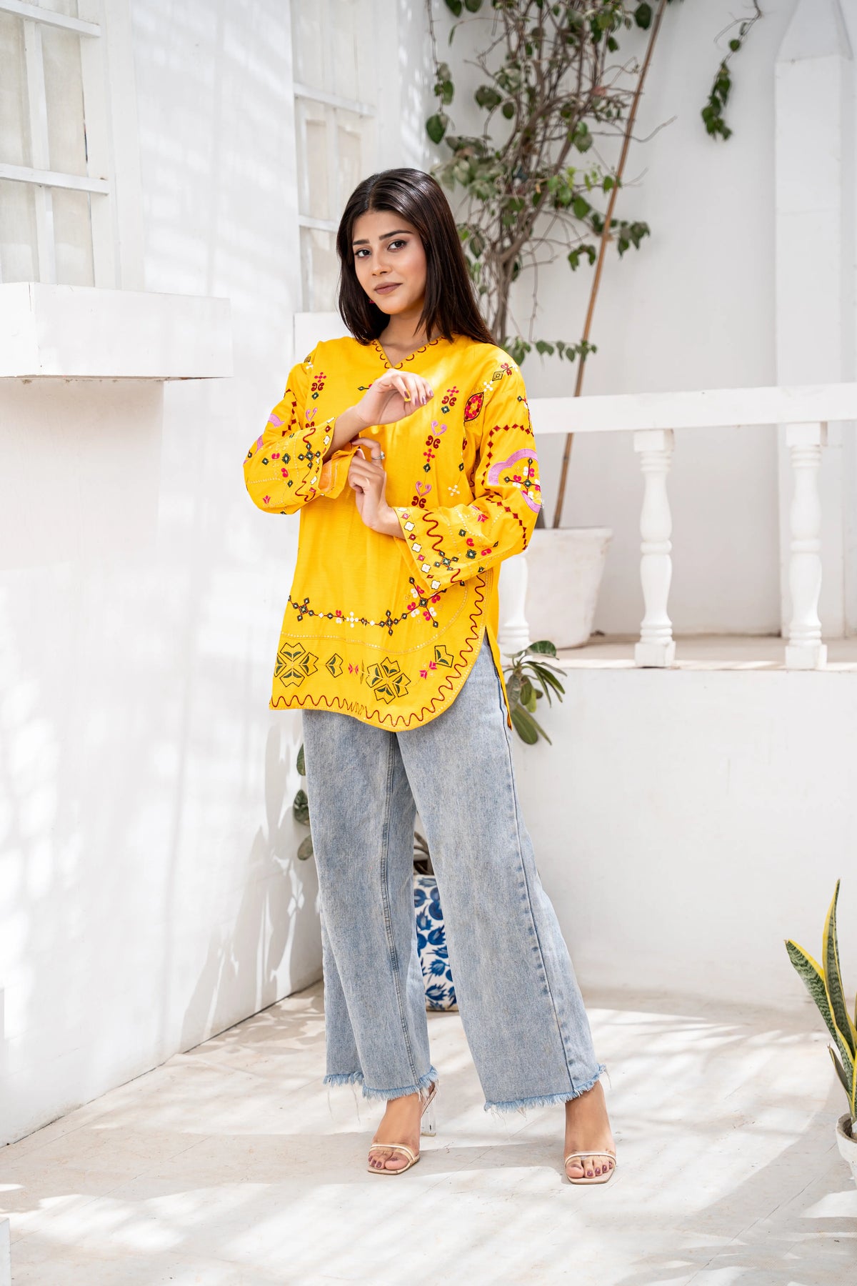 Mustard Embroidered Short kuti | Floral Thread Work