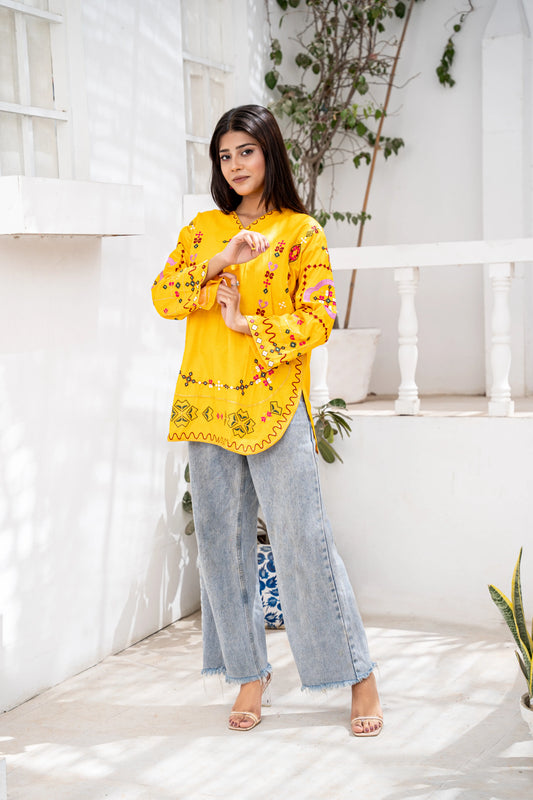Mustard Embroidered Short kuti | Floral Thread Work