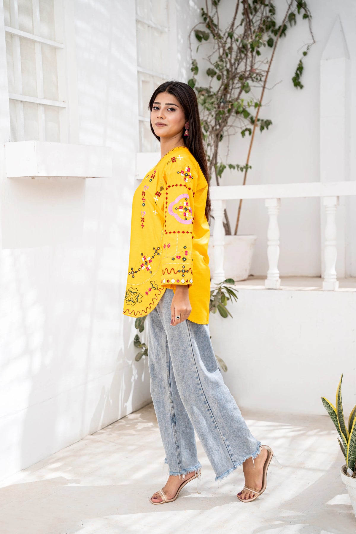 Mustard Embroidered Short kuti | Floral Thread Work
