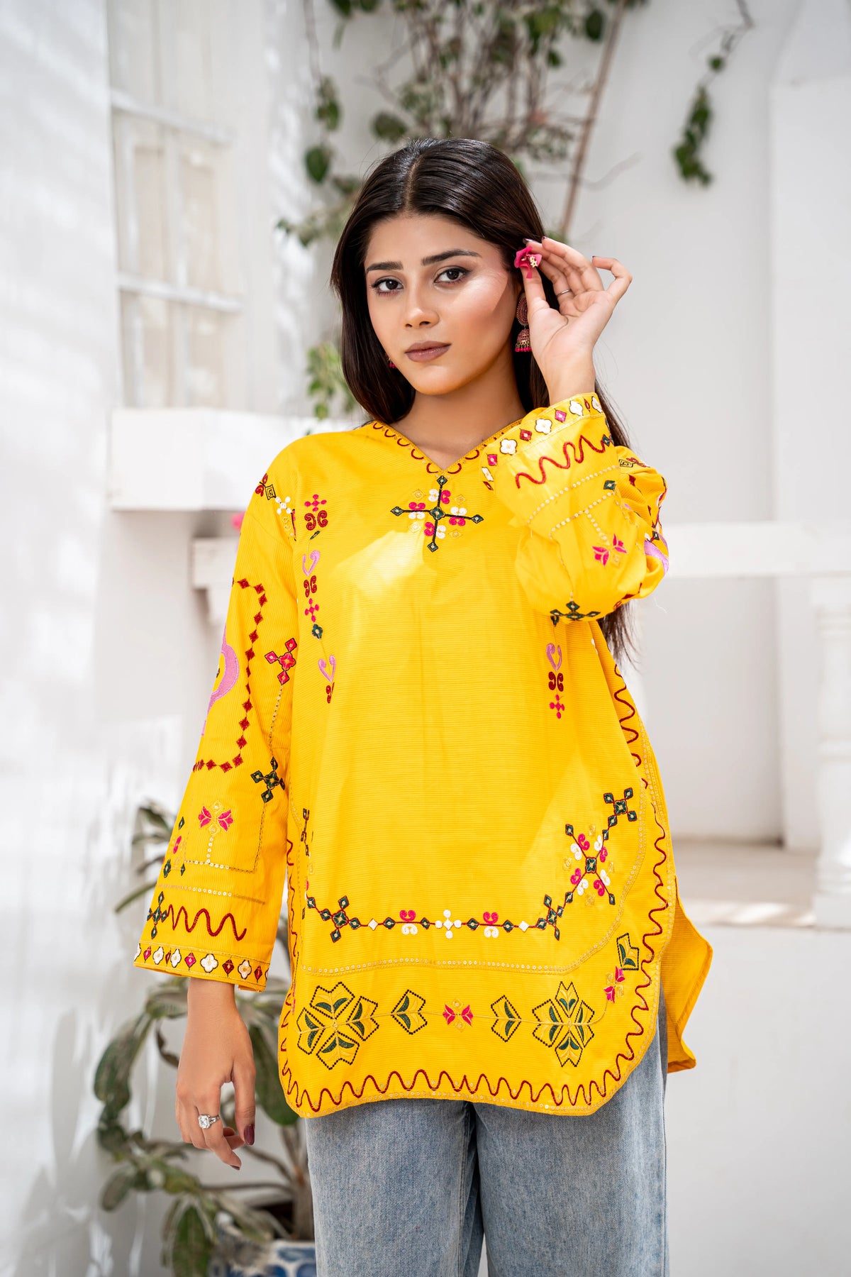 Mustard Embroidered Short kuti | Floral Thread Work