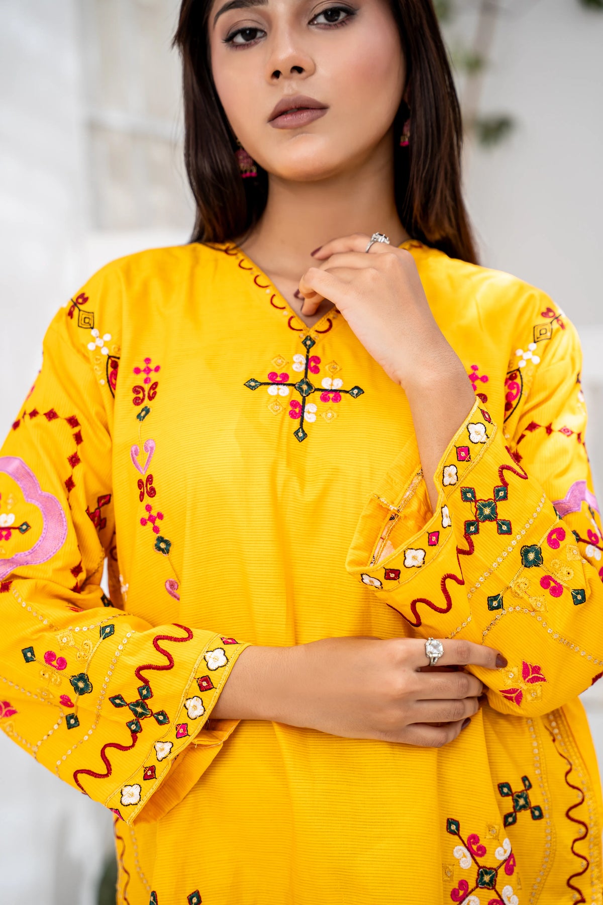 Mustard Embroidered Short kuti | Floral Thread Work