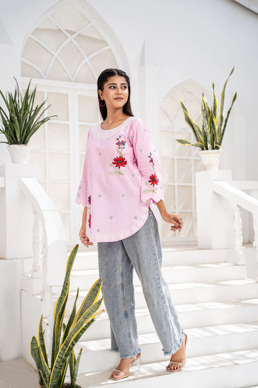 Pink Floral Embroidered Shirt