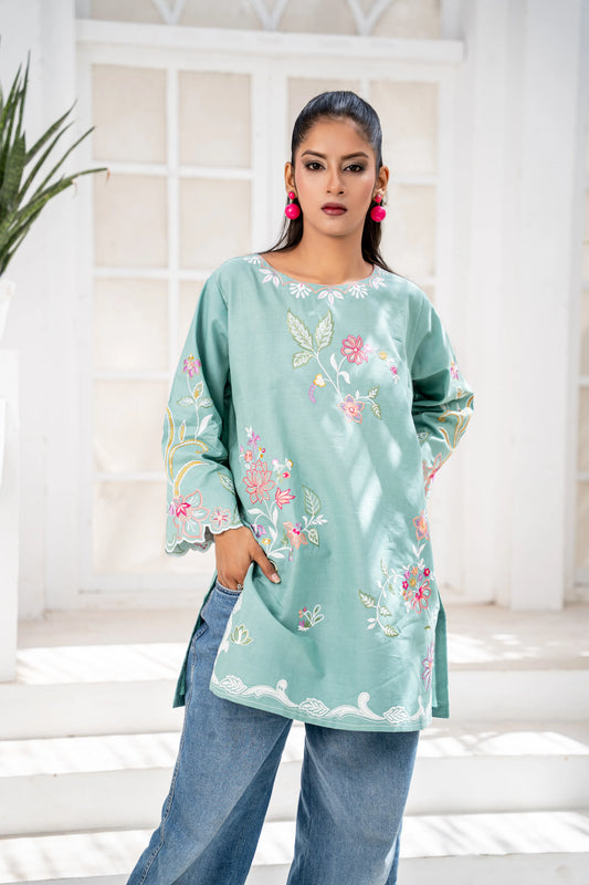 Teal Floral Embroidered Short Kurti
