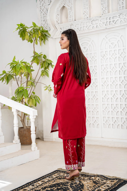 Shifa Red Multi Embroidered 2-Piece Suit