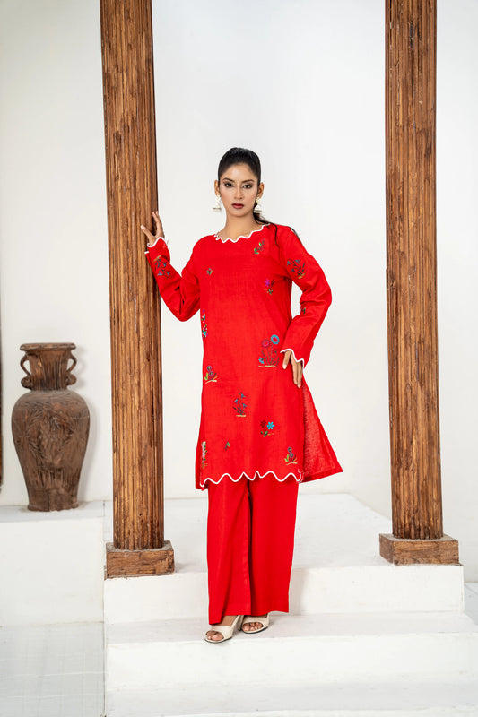 Gulshan Red Embroidered 2 Piece Suit