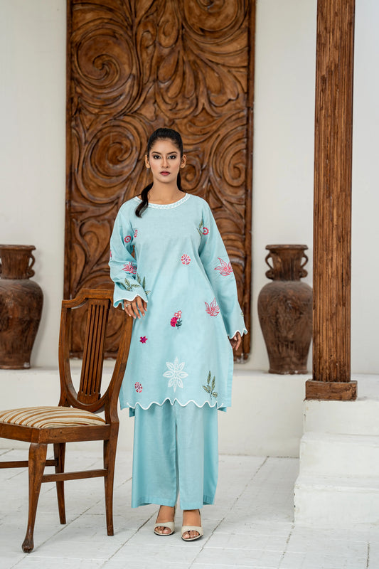 Aura Max Aqua Blue Embroidered 2-Piece Suit