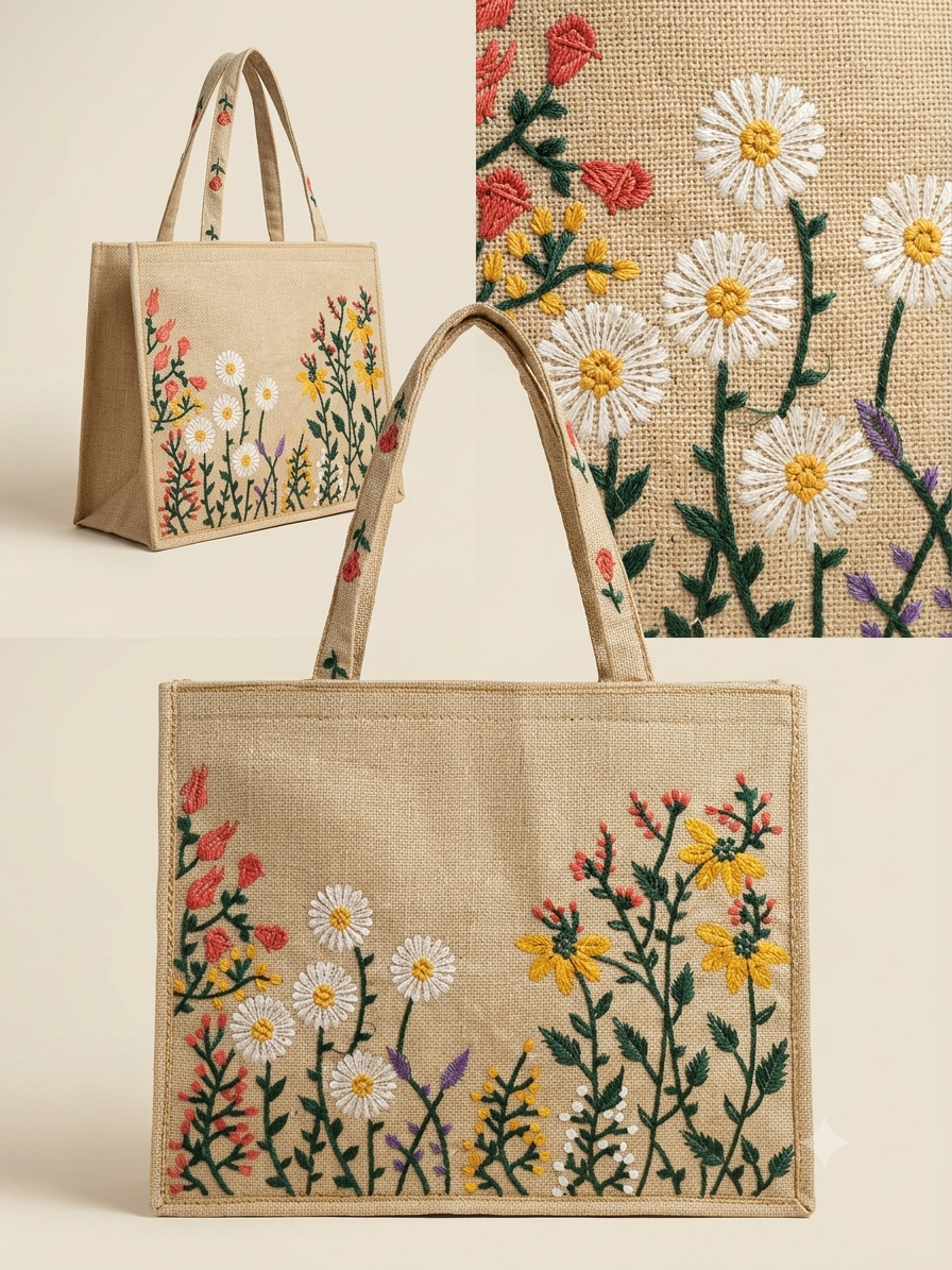 Half White Emberiodery Tote Bag