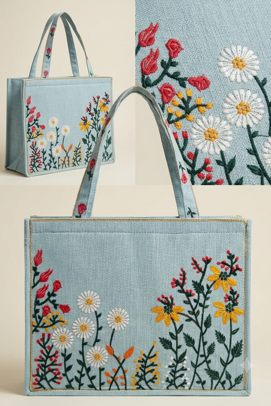 Black Floral Embroidered Tote Bag
