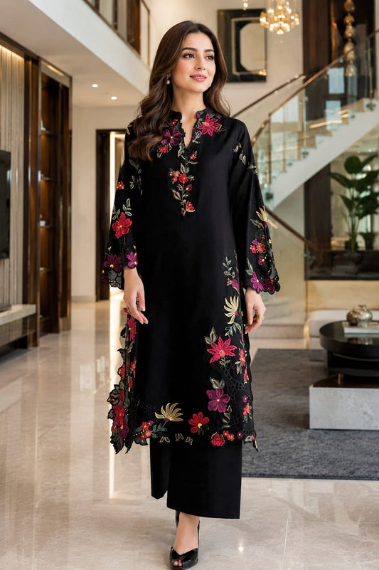 Aqsa Black Floral Embroidered 2-Piece