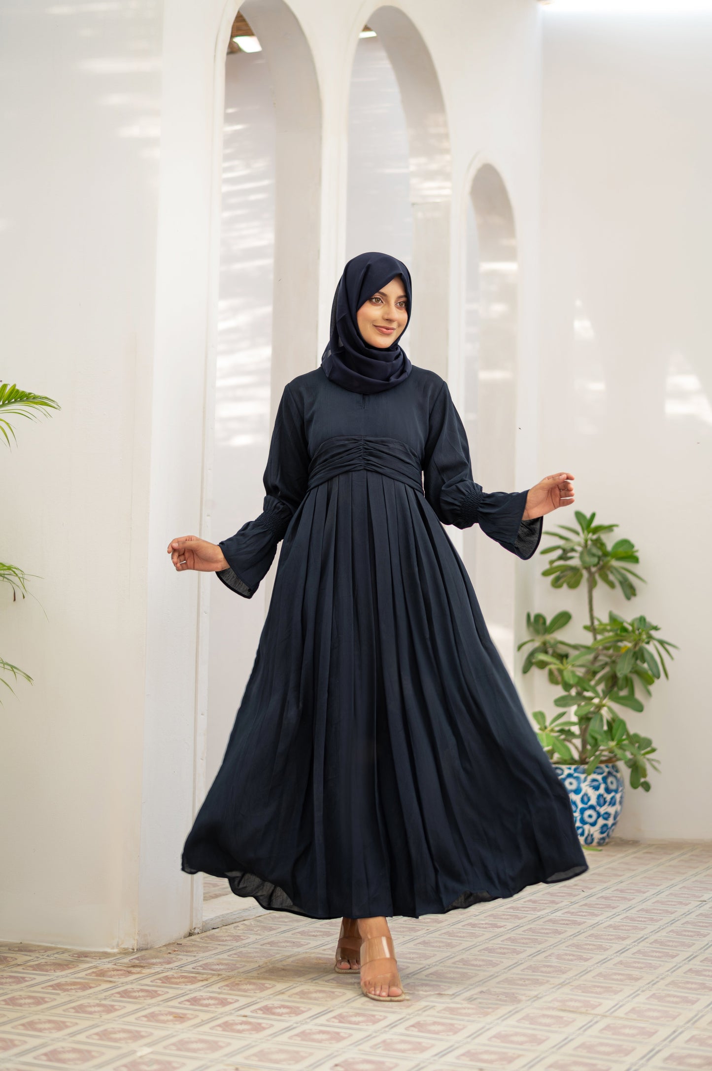Blue Pleated Flare Abaya