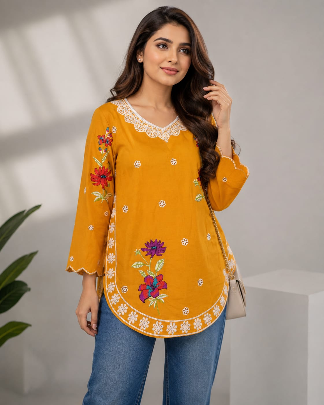 Mustard Floral Embroidered Short Kurti