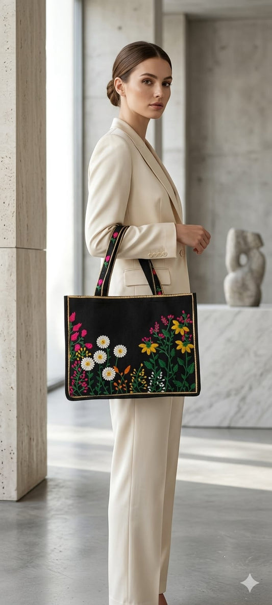 Black Floral Embroidered Tote Bag