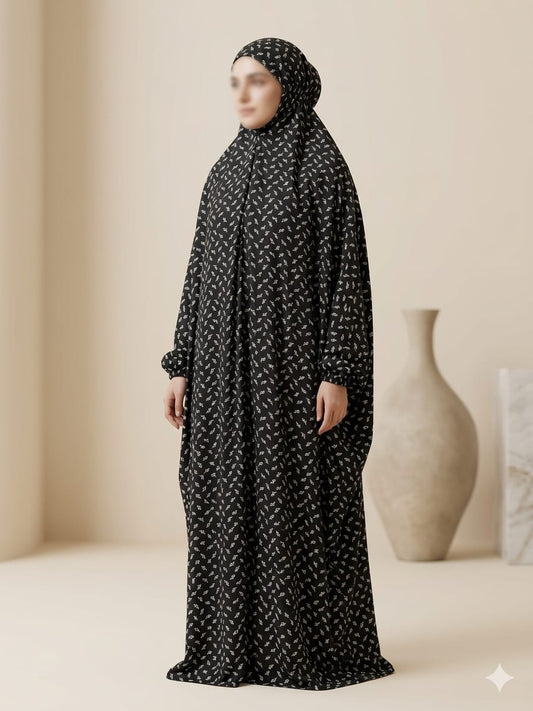Bahar Leaf Print Prayer Abaya – Black