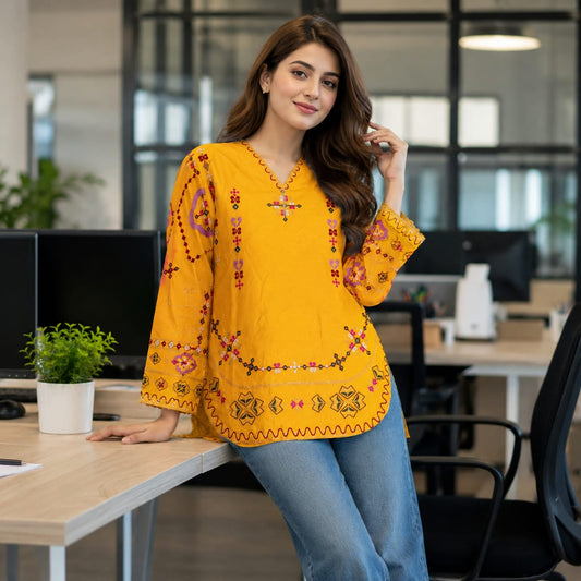 Mustard Embroidered Short kuti | Floral Thread Work