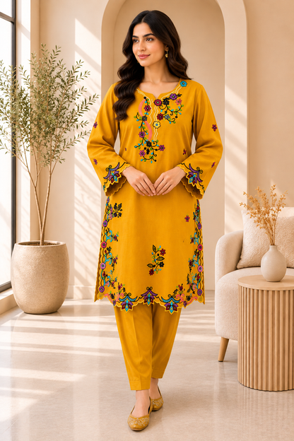 Gulbahar Embroidered  Mastard 2 Piece Suit